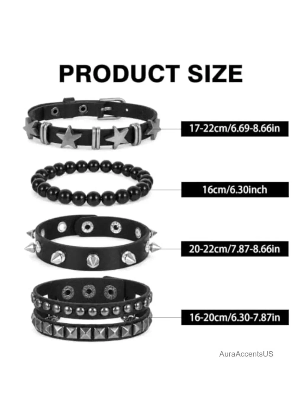 Punk Spiked Studded Bracelets Set of 4 Faux Leather Adjustable Wristband Gothic